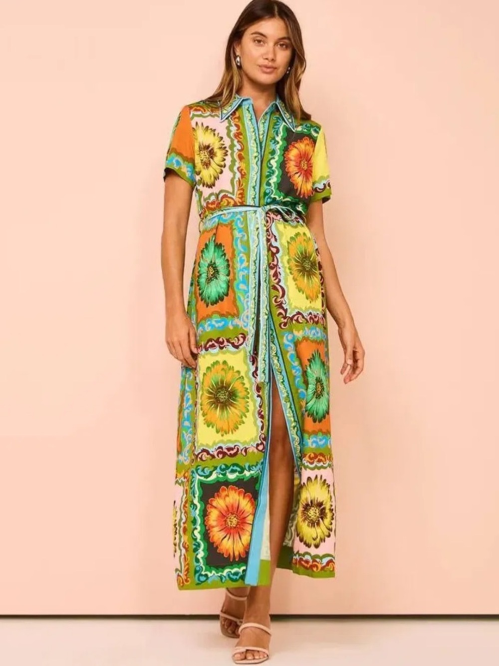 Alemais Green & Orange Floral Patchwork Maxi Shirt Dress retail - 619.00